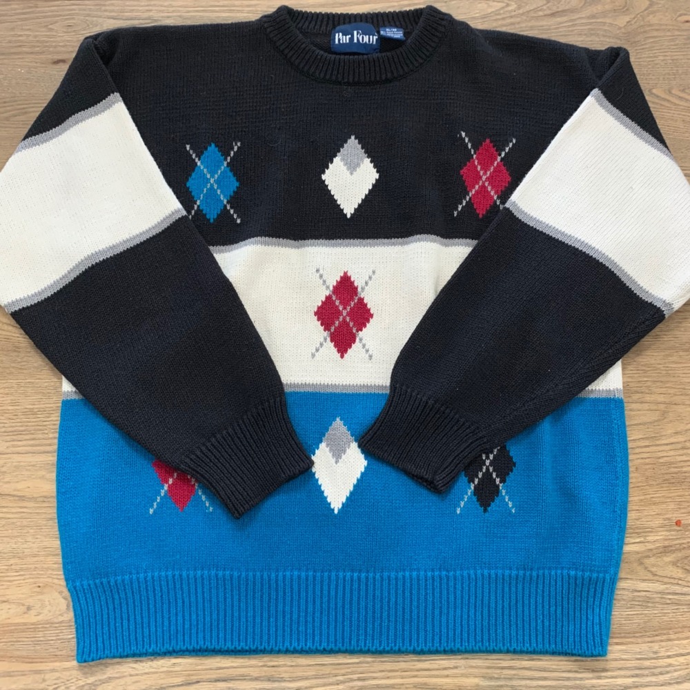 VTG 90s Par Four Mens XL Argyle Colorblock Crewneck Sweater Cotton Blend Blue